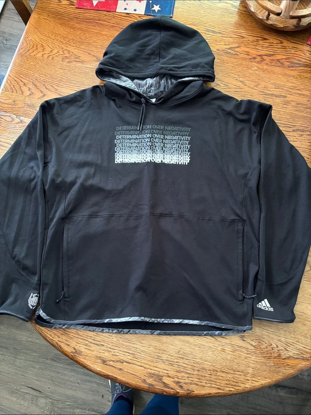 adidas Black Hoodie with Repeated 'Determination Over Negativity' Chest Graphic